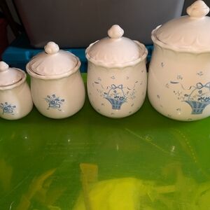 Cream Ceramic Canister Set with Blue Floral Basket Motif